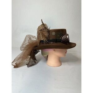 Steampunk Top Hat Brown Feather Mesh Bow Goggles Band Adult Cosplay Aprox 21.5 "